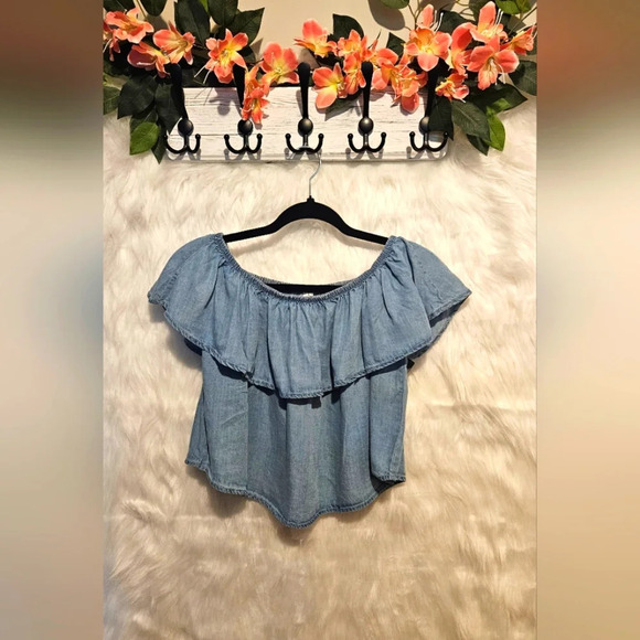 Linen Denim-Look Off Shoulder Ruffle Crop Top - Picture 1 of 4